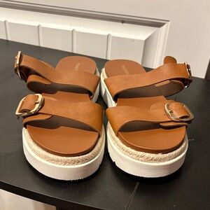 Madden Girl Tan Platform Sandals with Gold Buckles